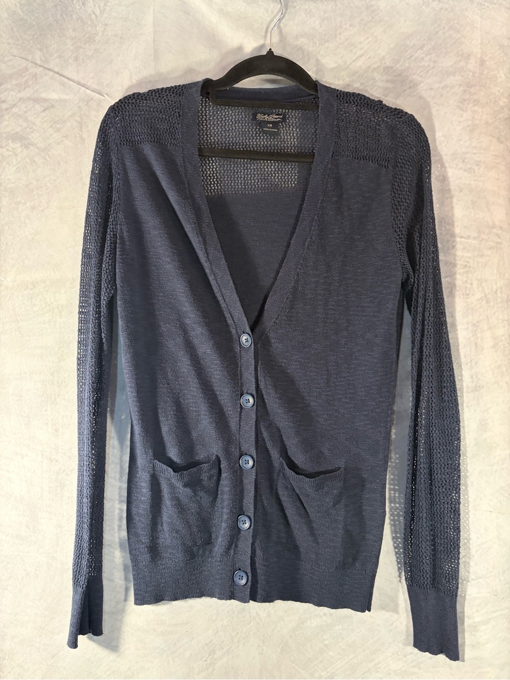 Lucky Brand Open Knit Button Front Cardigan Sweater XS Navy Blue Lightweight